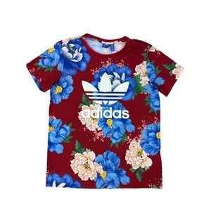 Adidas Originals Chita Floral Boyfriend Trefoil Tee Women's XS‎ Maroon Blue